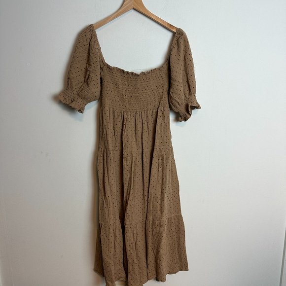 O.P.T Brown Polka Dot Midi Short Sleeve Gauze Cotton Dress Sz M - Picture 1 of 4